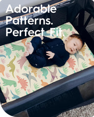 TotBasic vintage dino sheets on a crib mattress, snug and secure.