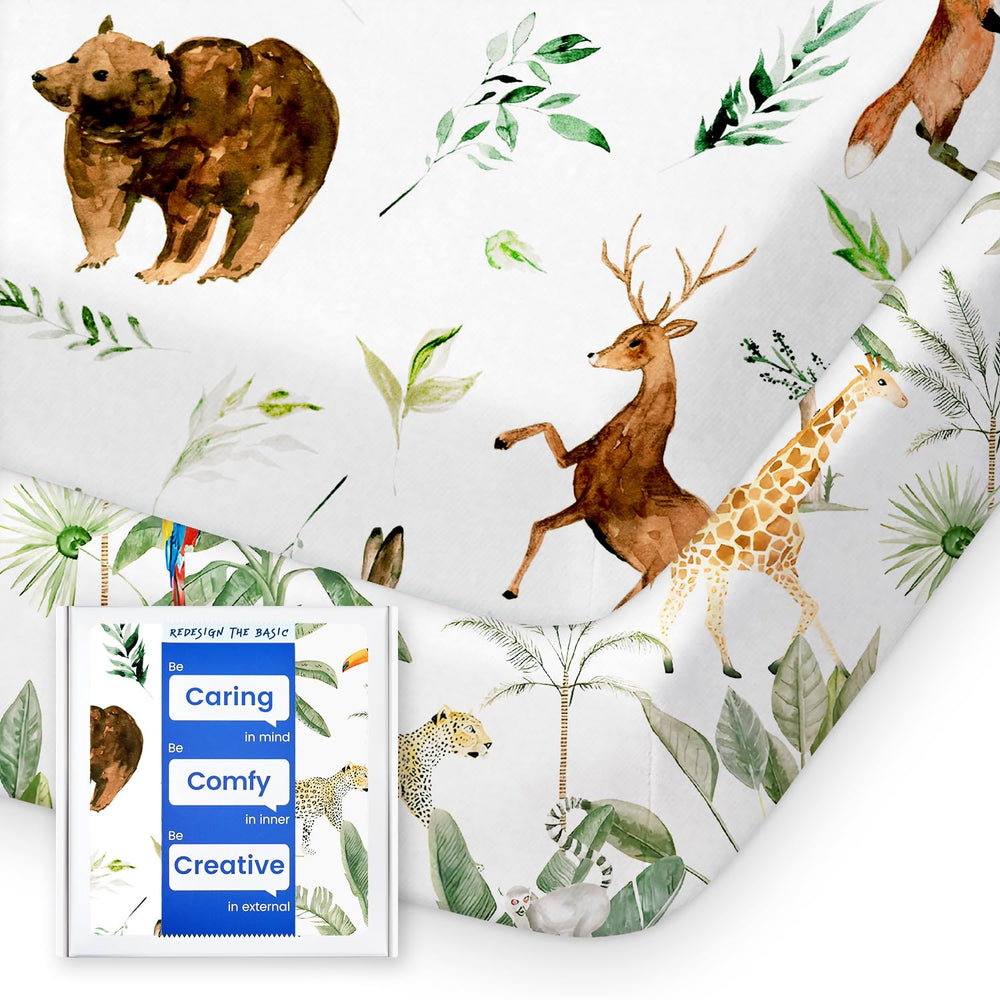 TOTBASIC woodland pack n play sheets close-up of ultra-soft jersey knit.