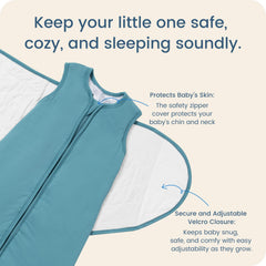 TOTBASIC navy sleep sack worn by baby for cozy rest.