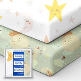 TOTBASIC Space crib fitted sheet with star pattern for a soft, skin-friendly touch.