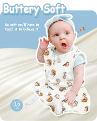 TOTBASIC Forest Whimsy sleep sack angled view highlights roomy leg pouch.