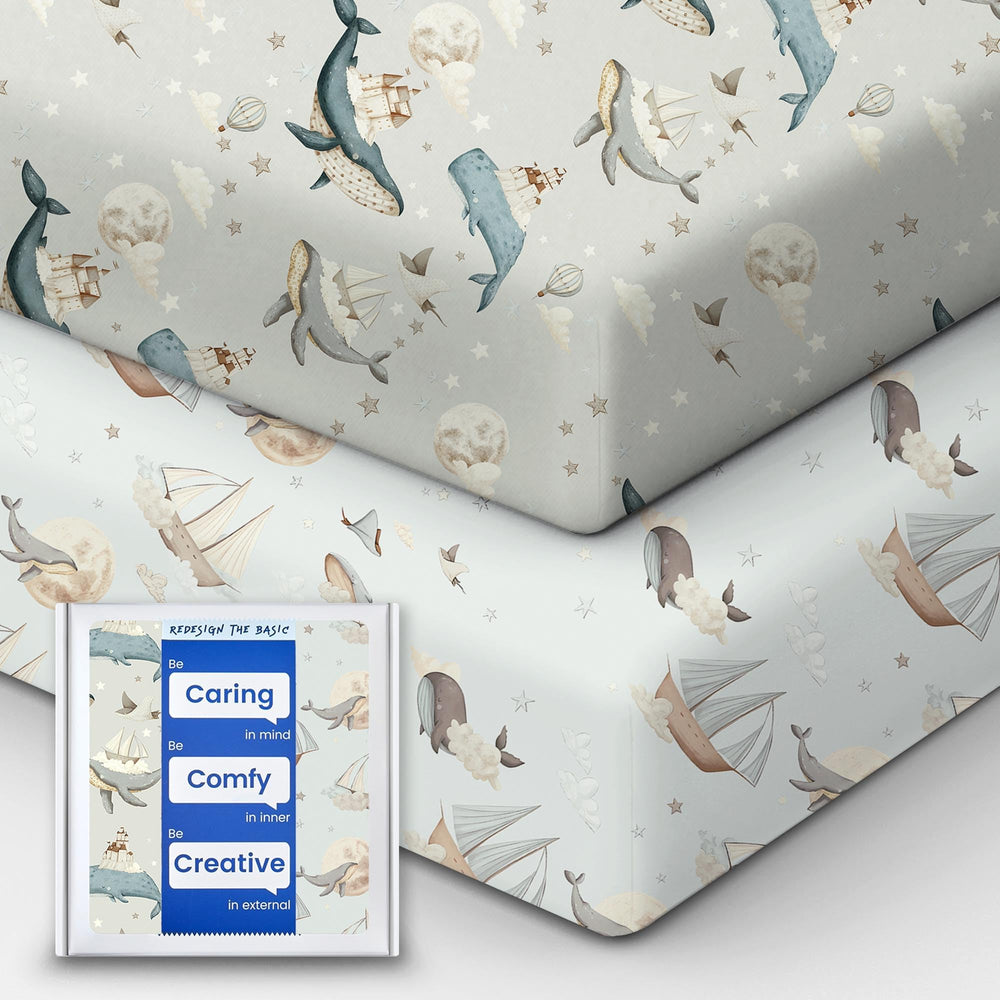 TOTBASIC Whale Dreams crib sheet laid flat for ultra-soft baby comfort