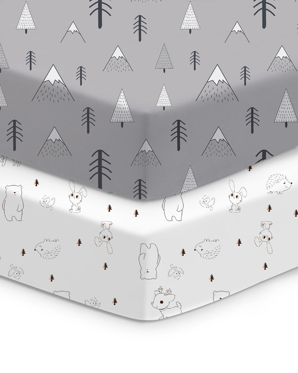 TotChill crib sheets in grey woodland print provide a snug, secure fit.