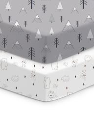 TotChill crib sheets in grey woodland print provide a snug, secure fit.