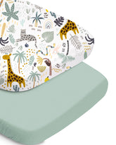 TotChill bassinet sheet Green Giraff 2-pack with unisex prints for cozy baby naps.