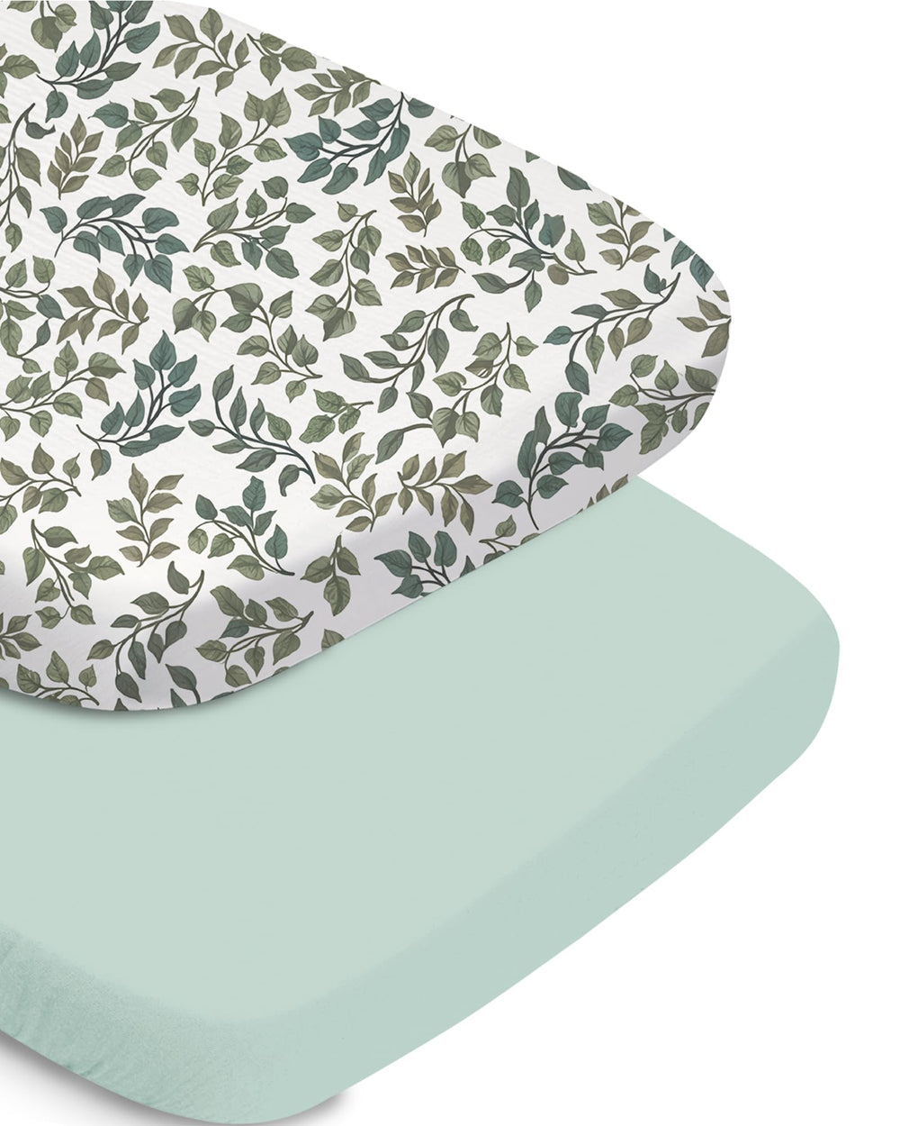 TotChill bassinet sheet with green leaf print, soft and breathable for baby.