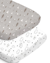 TotChill bassinet sheet in grey woodland print, soft and breathable for cozy naps.