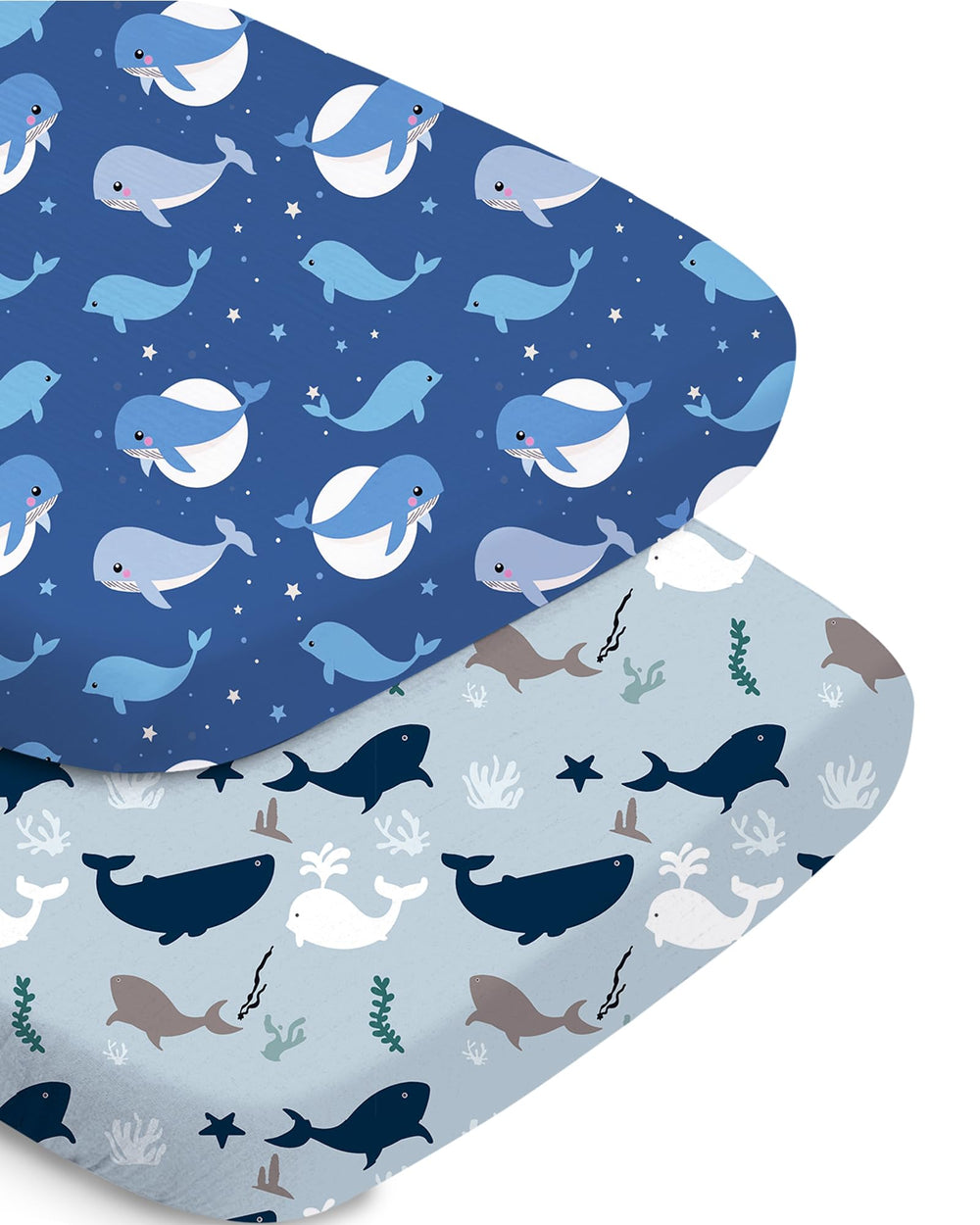 TotChill navy whale bassinet sheet offers cozy, breathable comfort.