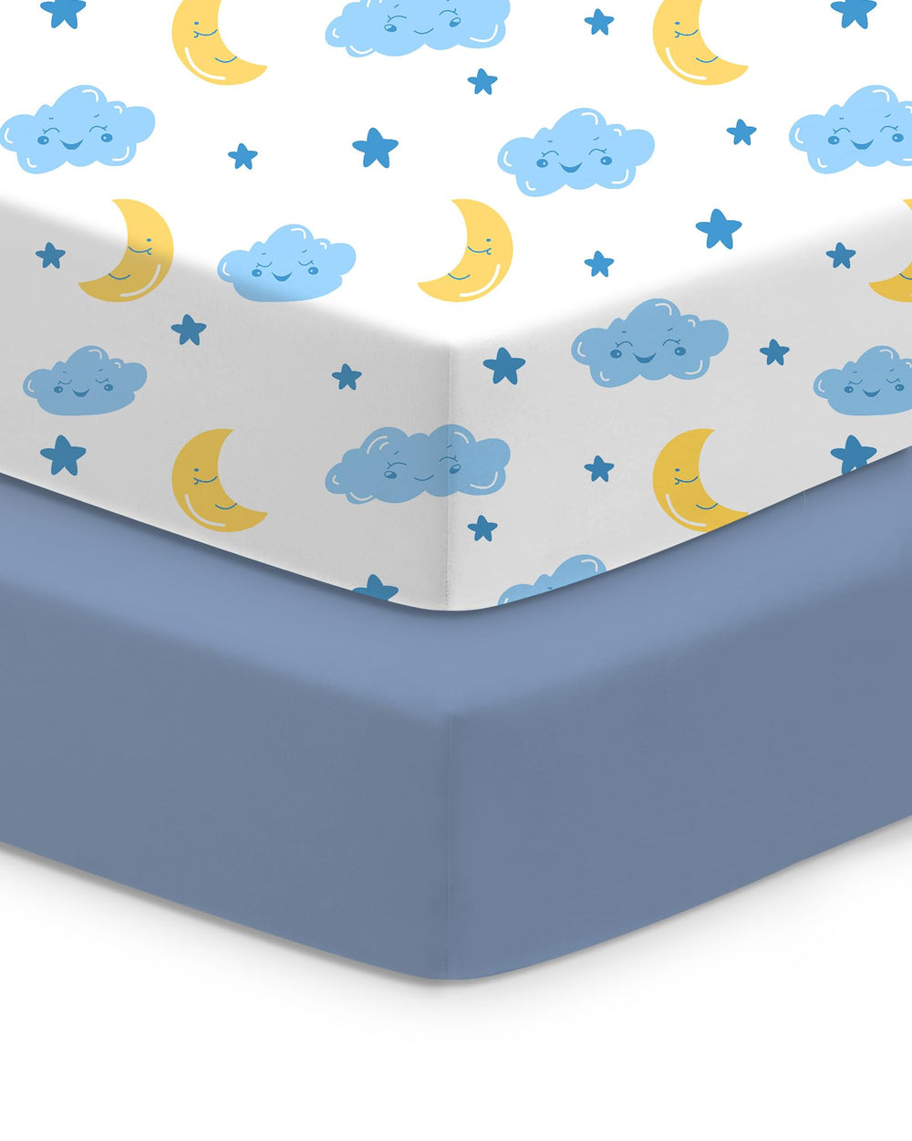 TotChill Cloud+Blue crib sheet close-up shows soft, breathable fabric for baby comfort.
