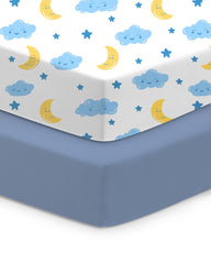 TotChill Cloud+Blue crib sheet close-up shows soft, breathable fabric for baby comfort.