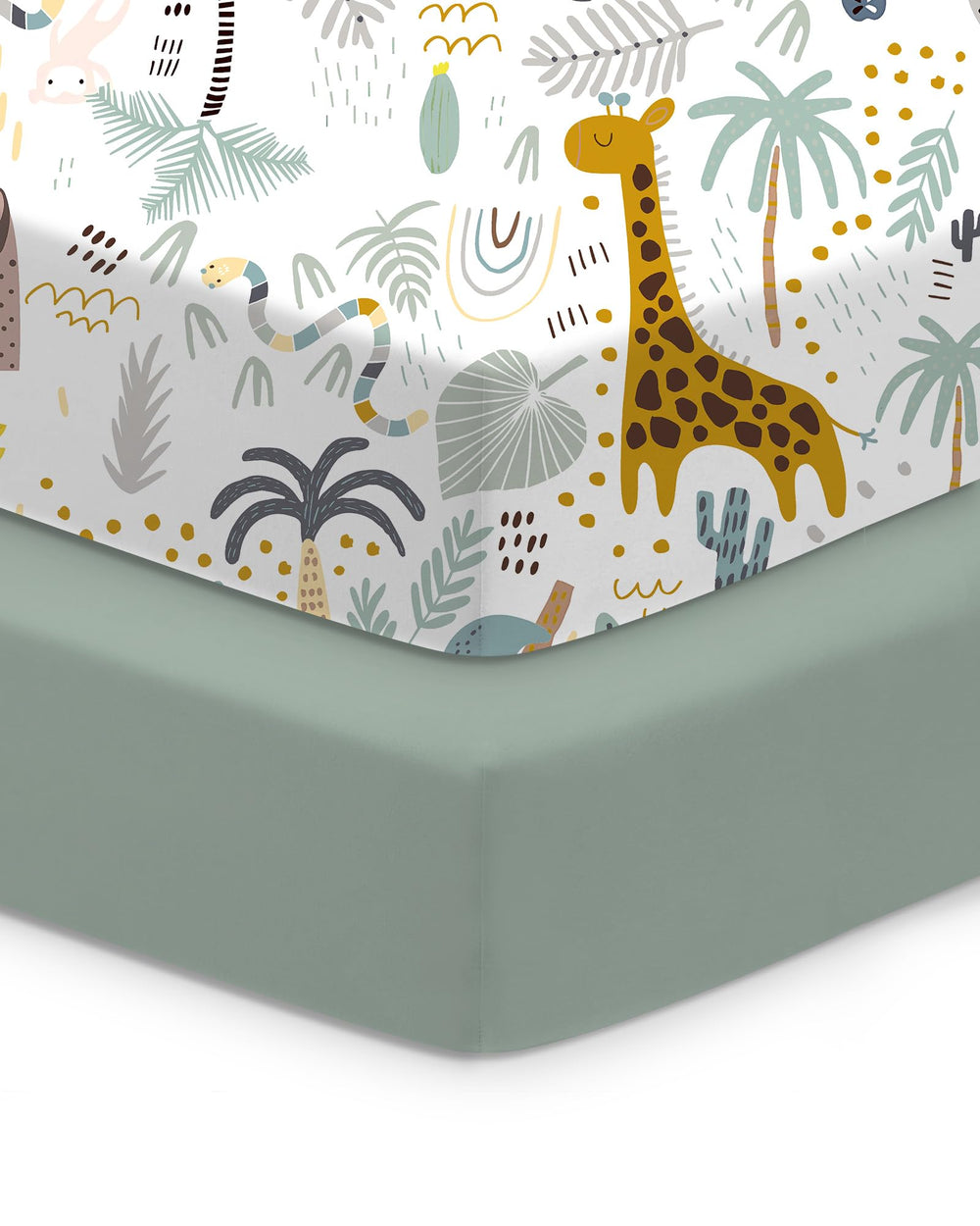 TotChill Green+Giraff pack-n-play sheet flat lay showing easy-to-fit design