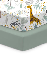 TotChill Green+Giraff pack-n-play sheet flat lay showing easy-to-fit design