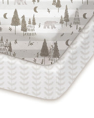 TotChill beige trees and leaf design pack-and-play sheets, two-pack for quick nursery changes.