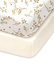 TOTCHILL pack-n-play sheets fitted in pink floral beige; snug and soft.