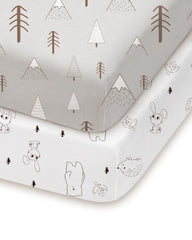 TotChill pack and play sheets in grey woodland design provide a cozy sleep surface.