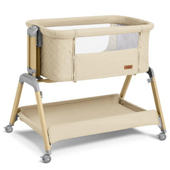 TotRun bassinet bedside sleeper beige showing secure bedside attachment for night feeds