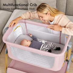 TotRun Bassinet bedside sleeper pink wheels enable easy bedside repositioning.