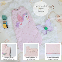 Toucan Baby Unicorn sleep sack shows two-way zip for easy diaper changes.
