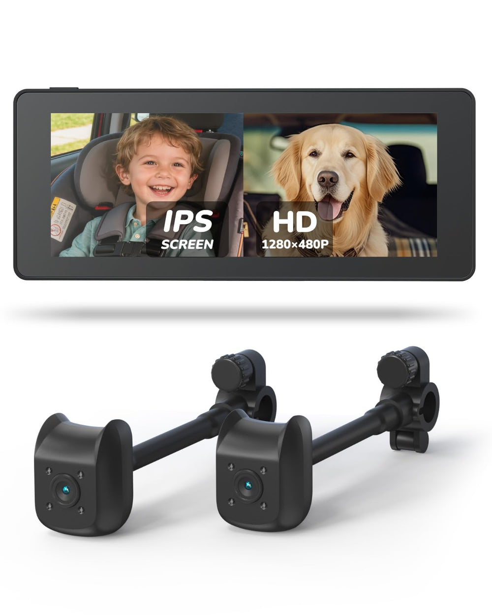TOZING baby car camera with a 6-86-inch monitor showing split-screen for two kids