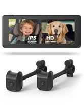 TOZING baby car camera with a 6-86-inch monitor showing split-screen for two kids