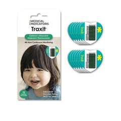 TRAXIT wearable axillary thermometer on a child’s arm for discreet continuous monitoring.