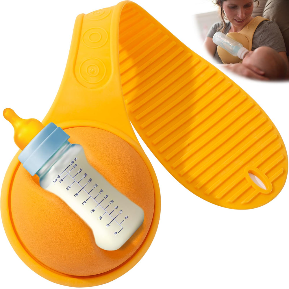 TreaHome orange hands-free bottle holder keeps bottles steady during feeding.