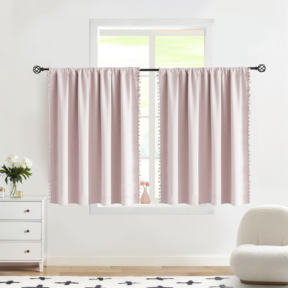 Treatmentex pompoms pink full blackout curtains, two-panel setup, dark cozy bedroom for restful sleep.