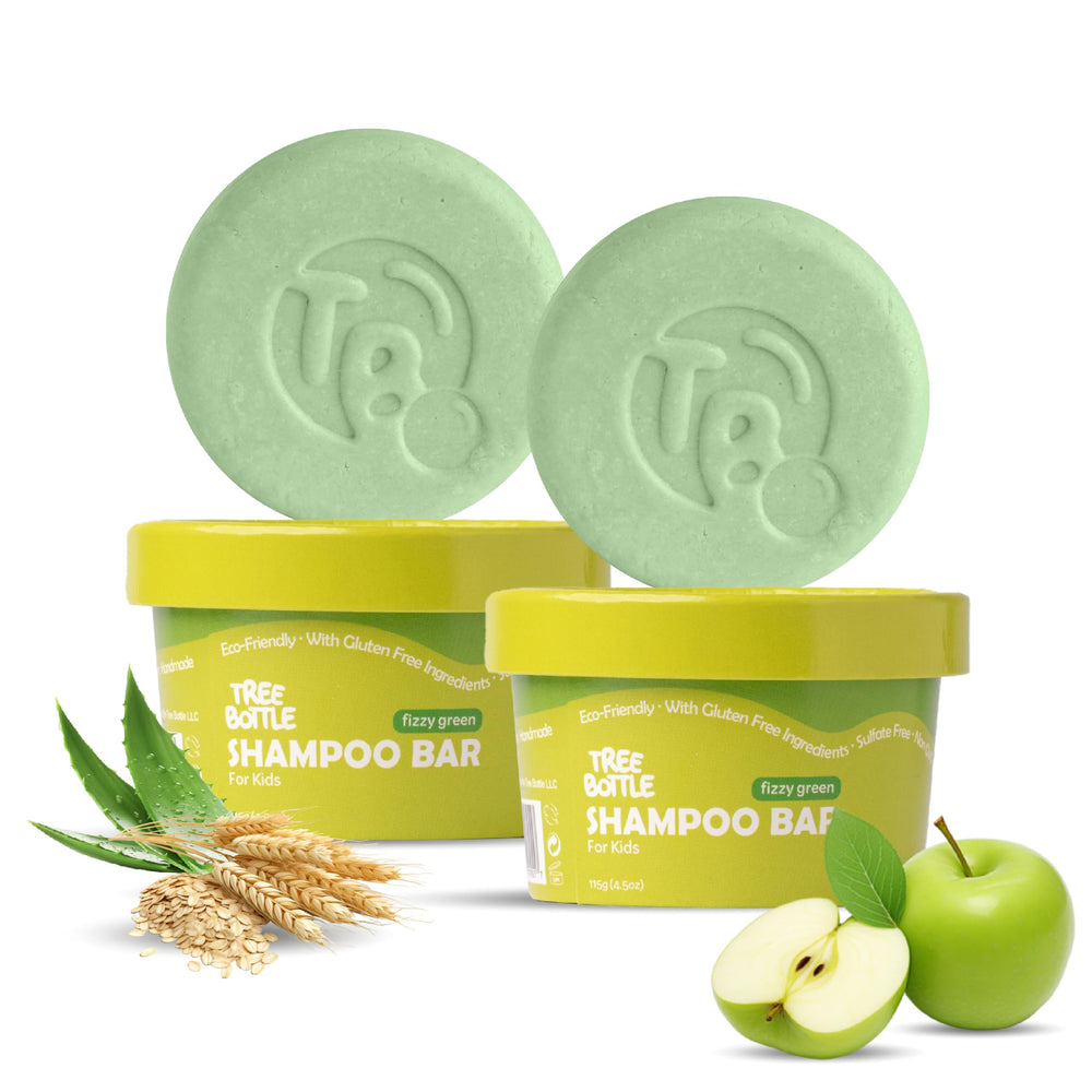 Tree Bottle kids shampoo bar packaging highlights natural ingredients and USA-made quality