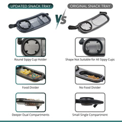 TRENDHUB snack tray quick attachment demonstrates secure stroller mounting on the bumper bar.