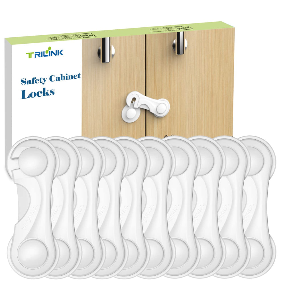 TRILINK cabinet locks with adhesive install for baby safety on cabinets, no tools required.