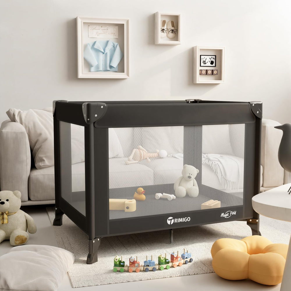Trimigo Travel Crib folded compactly for easy packing on trips.
