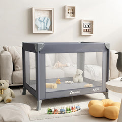 Trimigo travel crib folded in its bag for easy transport.