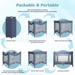Soft knitted mattress and wipeable fabric on Trimigo playpen.