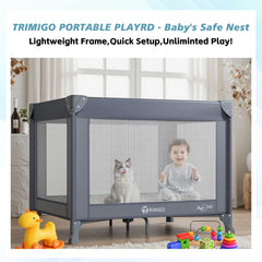 Trimigo travel crib unfolded with breathable mesh sides for airflow.