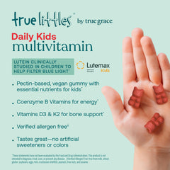 True Grace Lutemax Kids lutein label highlighting eye and brain support potential.