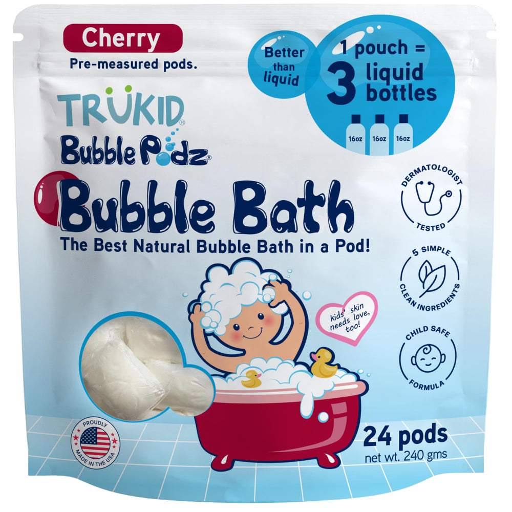 TruKid Bubble Podz bubble bath forms lasting bubbles in the tub.