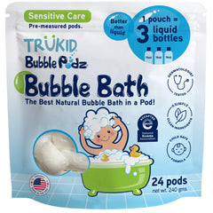 TruKid Bubble Podz bath-bubbles visible in tub, creating kid-friendly foam.