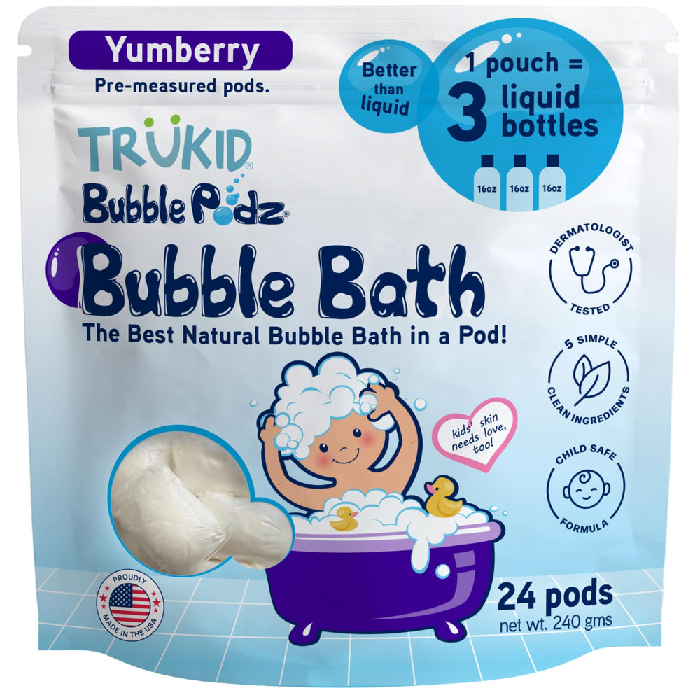 TruKid Bubble Podz pod dissolving in water to create abundant bubbles for a fun bath