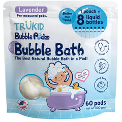 TruKid Bubble Podz in tub creating playful, gentle bubbles for bath time.
