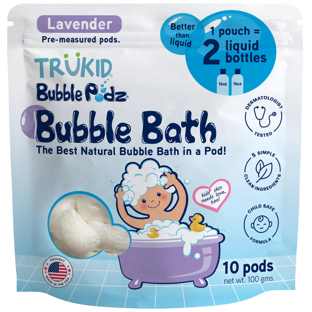 TruKid Bubble Podz packaging shows a kid-friendly bubble bath with mess-free, single-use pods.