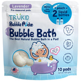 TruKid Bubble Podz packaging shows a kid-friendly bubble bath with mess-free, single-use pods.