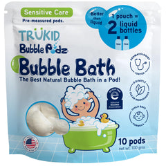TruKid Bubble Podz pod dissolving in water to form lasting bath bubbles.
