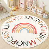 Truqual Nursery Rug round rainbow design promotes playful learning.