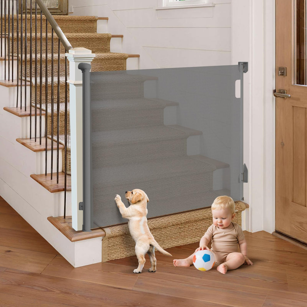 TrusTot retractable gate extended to 71 inches for wide stair openings.