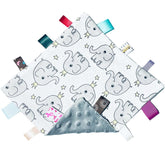 TRYTUTRY gray elephant tags blanket closeup highlights soft velvet and colorful textures for baby play.