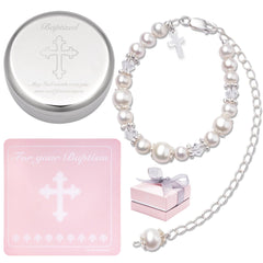 Tryuunion baptism bracelet in sterling silver and cultured pearls for a timeless ceremony keepsake