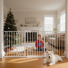 TSAYAWA extra-wide baby gate with door blocks wide openings safely.