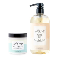 Tubby Todd baby wash bottle with rich lather for gentle cleansing.