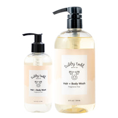 Tubby Todd Hair and Body Wash fragrance-free bottle, gentle formula for sensitive baby skin.