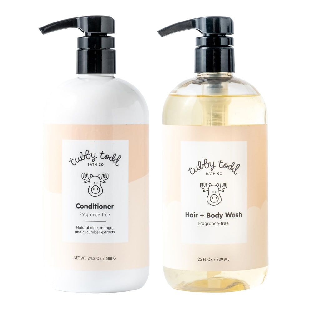 TUBBY TODD Hair Duo front packaging highlights gentle, fragrance-free care for sensitive skin.